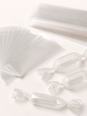 Clear rectangular cellophane sweet wrappers with finished twist-wrapped examples