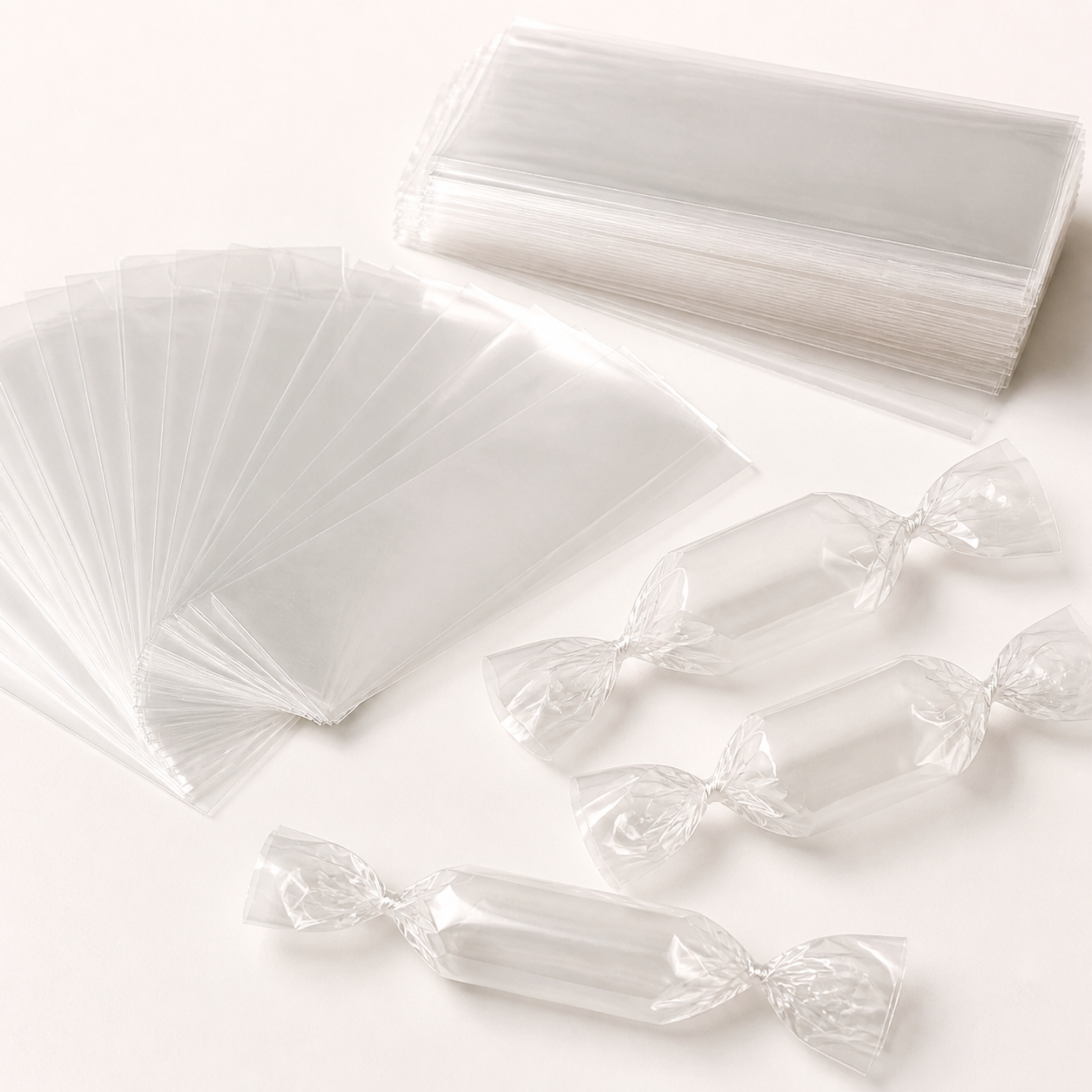 Clear rectangular cellophane sweet wrappers with finished twist-wrapped examples