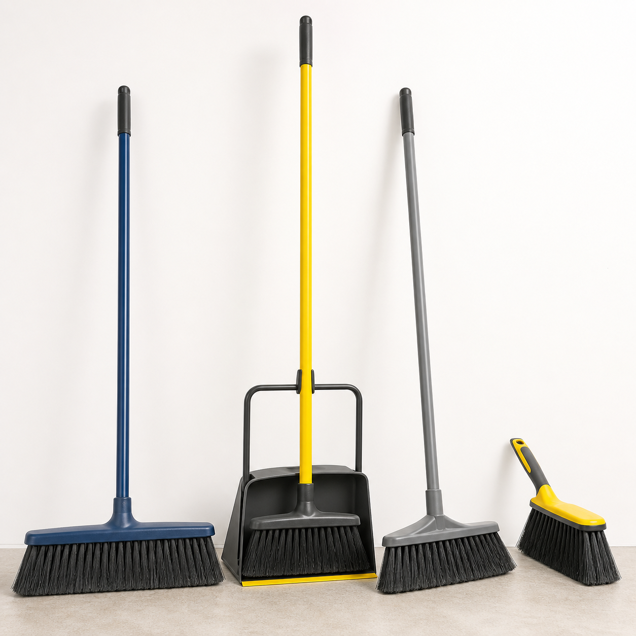 Heavy-duty indoor outdoor lobby and hand brooms with upright dustpan