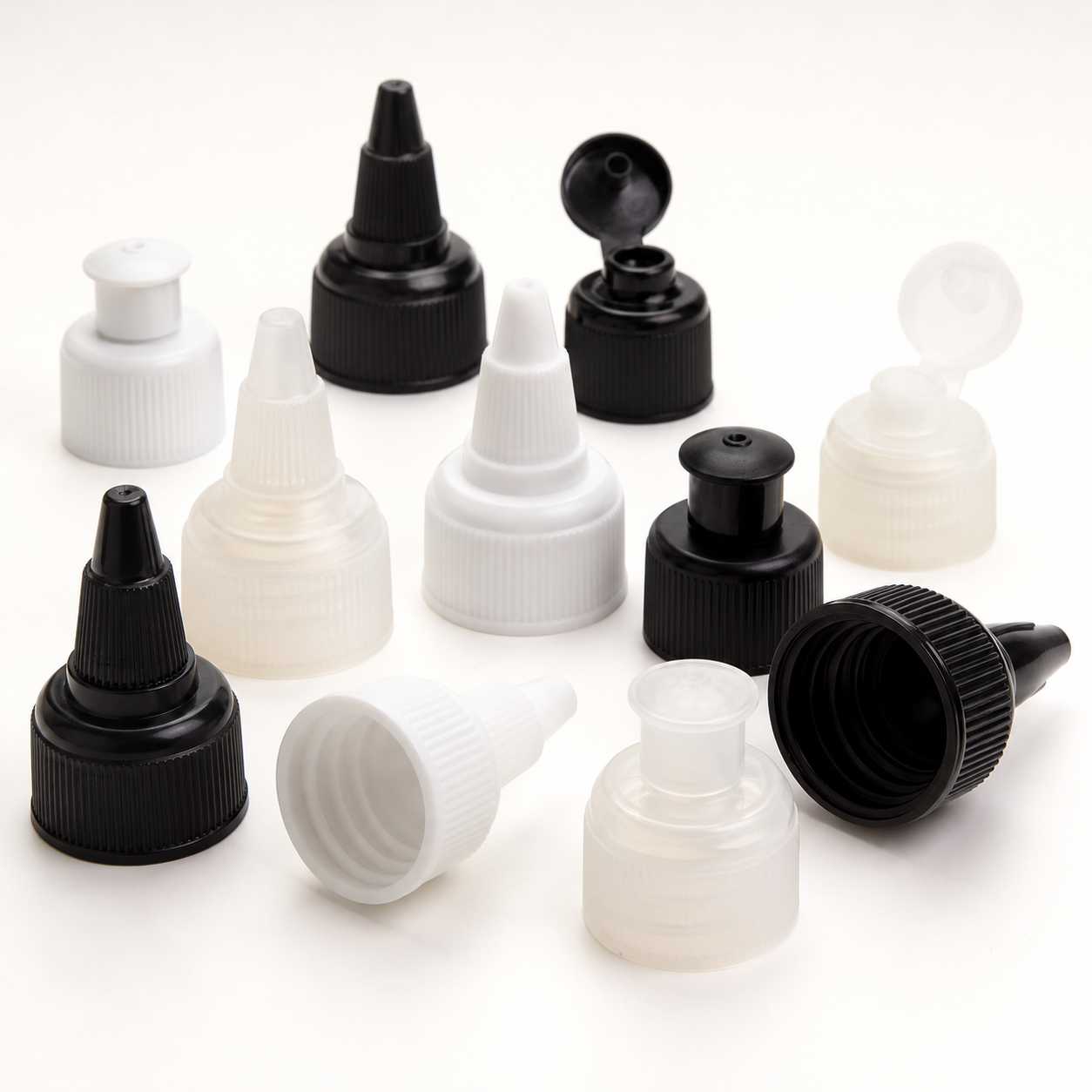 Pointed and pull-up plastic dispensing spout closures