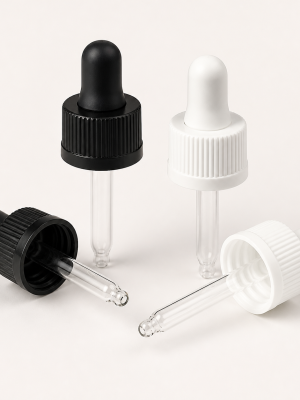 Dropper screw caps with rubber bulbs and clear glass pipettes