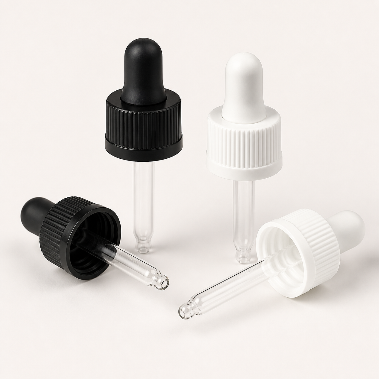 Dropper screw caps with rubber bulbs and clear glass pipettes