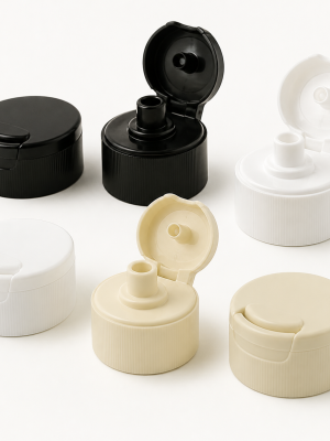 Hinged narrow-spout dispensing caps shown open and closed