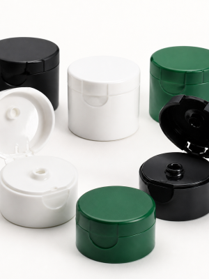 Plastic flip-top dispensing caps shown open and closed