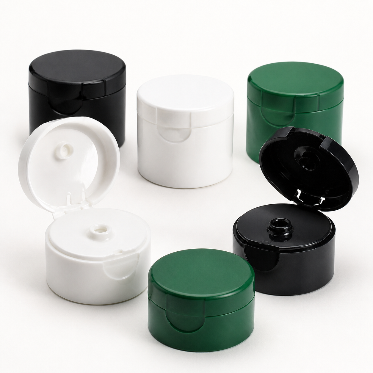 Plastic flip-top dispensing caps shown open and closed