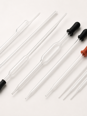 Clear glass transfer pipettes and dropper tubes with plain rubber bulbs