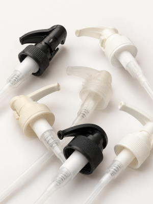 Lotion dispensing pump closures with threaded collars and long dip tubes