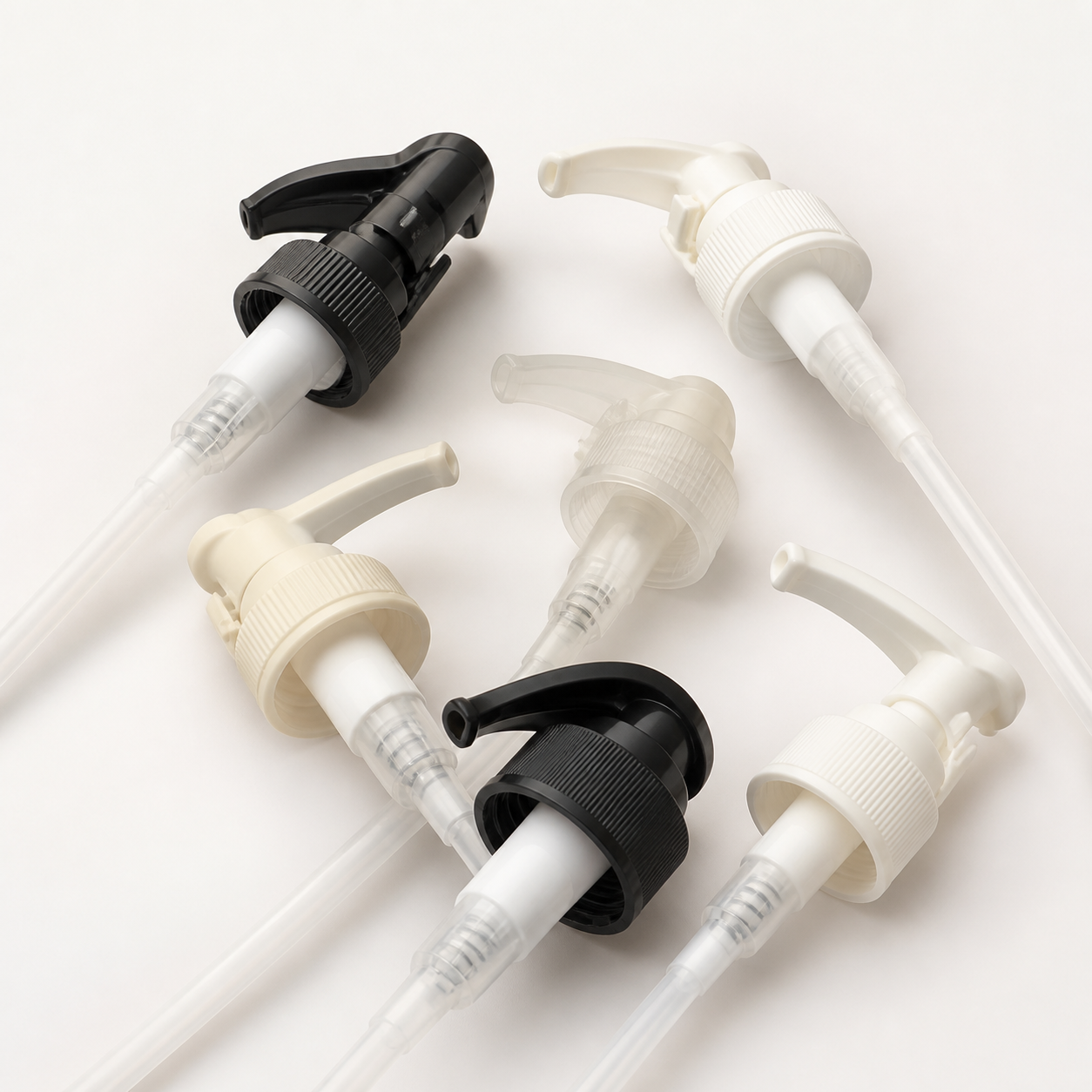 Lotion dispensing pump closures with threaded collars and long dip tubes