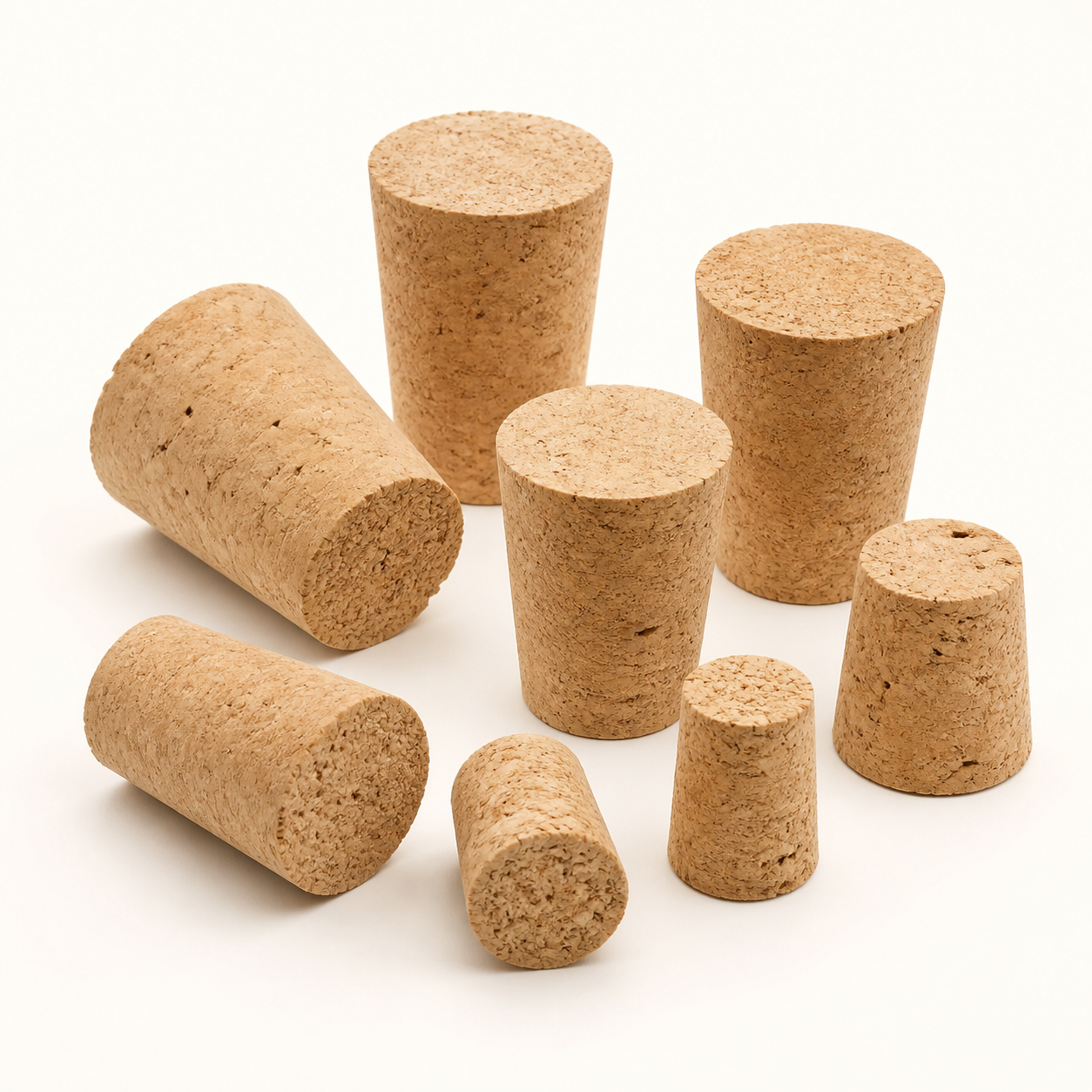 Natural tapered cork bottle stoppers in assorted sizes