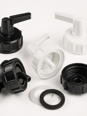 Screw-on dispensing tap caps with lever spigots and sealing washers