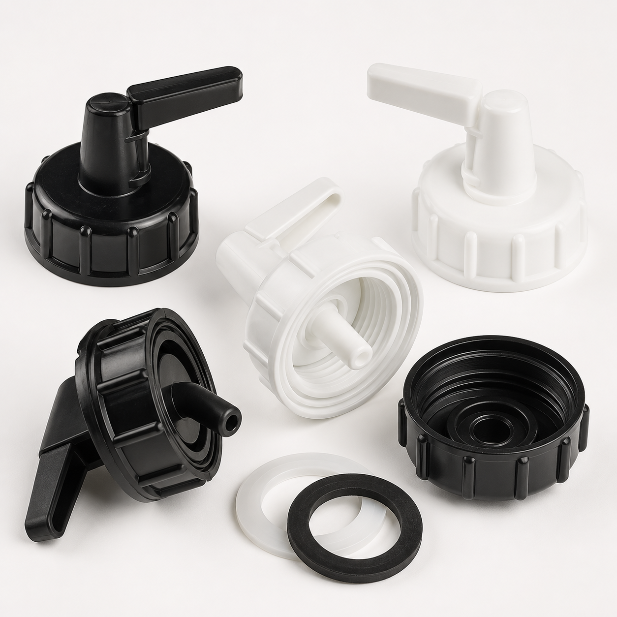 Screw-on dispensing tap caps with lever spigots and sealing washers