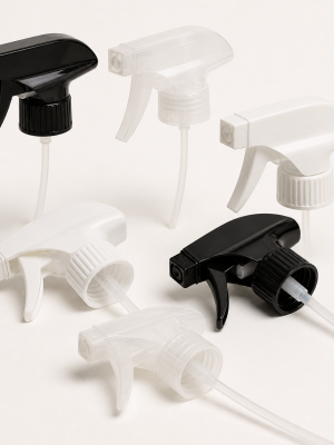 Adjustable trigger sprayer heads with threaded collars and dip tubes