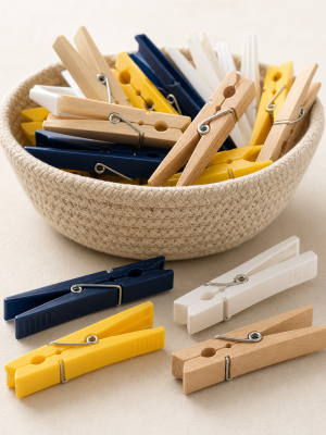 Durable wood and plastic laundry clothes pegs with metal springs