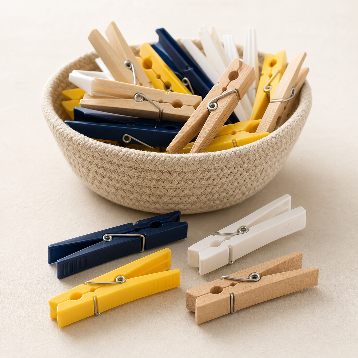Durable wood and plastic laundry clothes pegs with metal springs