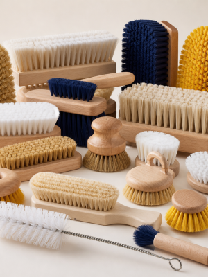 Assorted scrub hand bottle deck and dish cleaning brushes