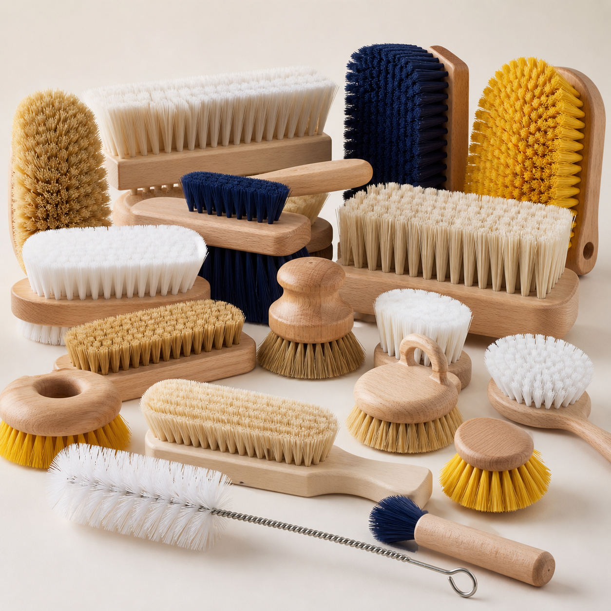 Assorted scrub hand bottle deck and dish cleaning brushes