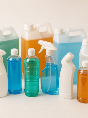 Unbranded commercial cleaning liquids in bottles sprays and bulk jerry cans