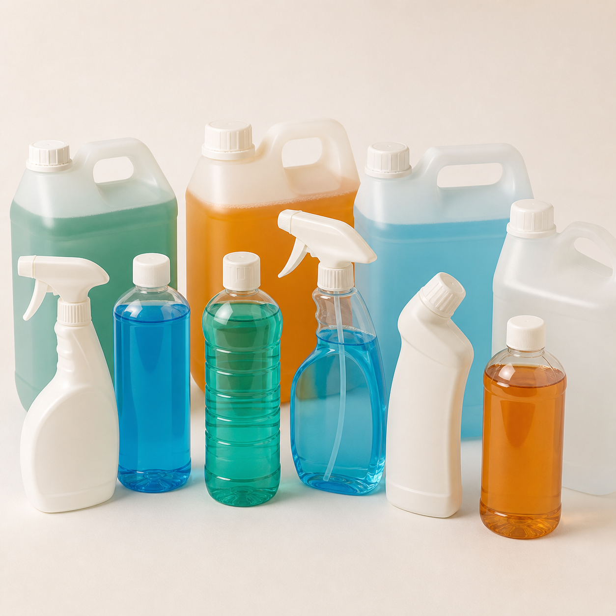 Unbranded commercial cleaning liquids in bottles sprays and bulk jerry cans