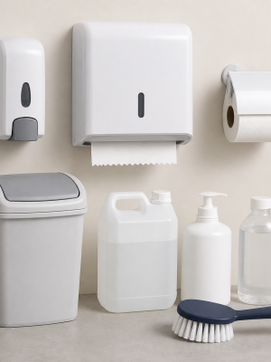 Commercial soap paper towel and toilet roll dispensers with hygiene bin and refills