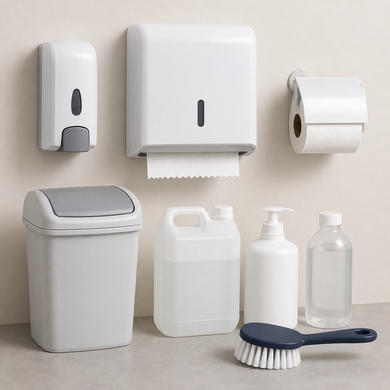 Commercial soap paper towel and toilet roll dispensers with hygiene bin and refills
