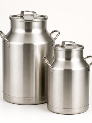 Stainless-steel dairy transport cans with lids and side handles
