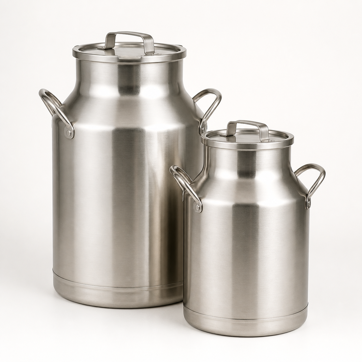 Stainless-steel dairy transport cans with lids and side handles