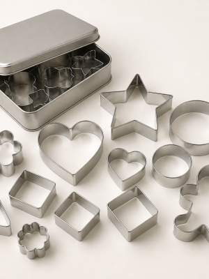 Assorted stainless steel cookie cutters in common shapes