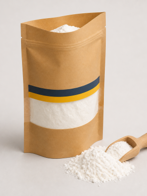 Food-grade cornstarch in a kraft pouch with wooden scoop
