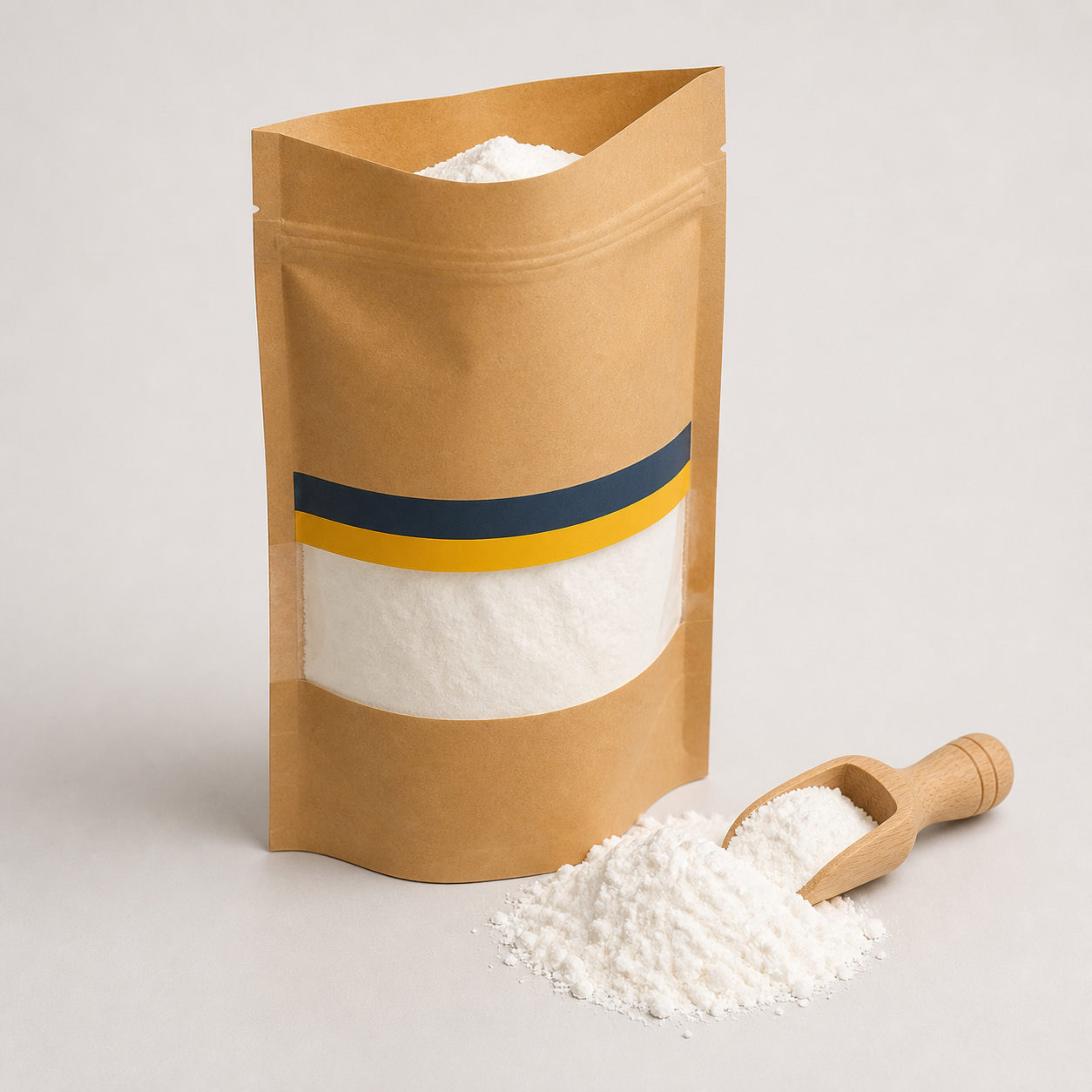 Food-grade cornstarch in a kraft pouch with wooden scoop