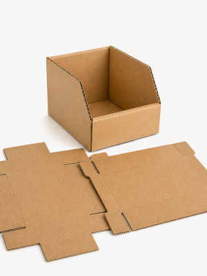 Natural kraft corrugated parts bin box with flat-packed blanks