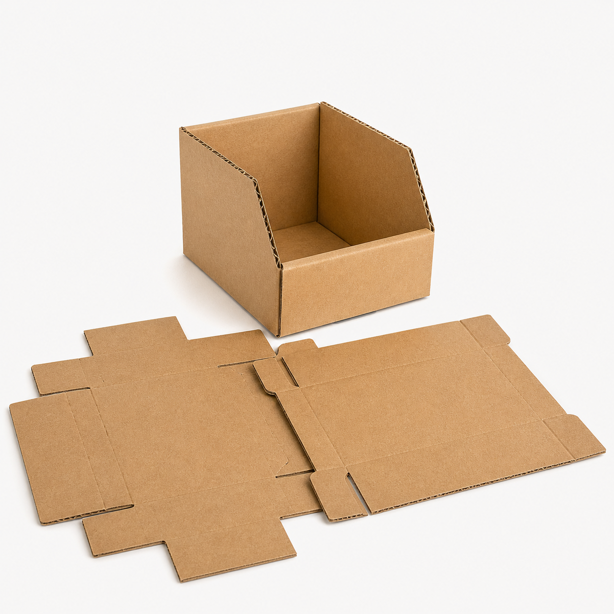 Natural kraft corrugated parts bin box with flat-packed blanks