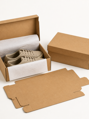 Natural kraft corrugated shoe boxes with lid base and flat-packed blank