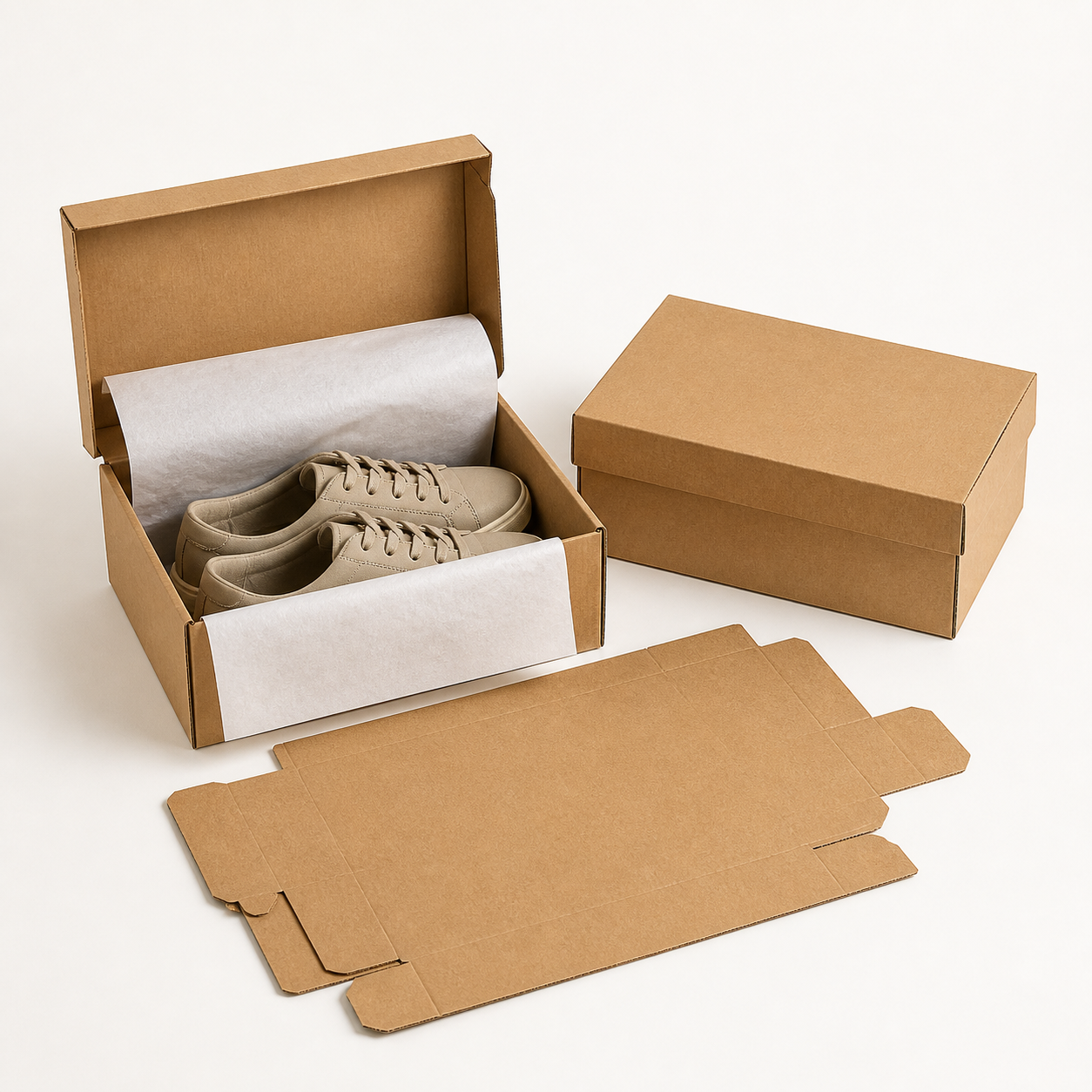 Natural kraft corrugated shoe boxes with lid base and flat-packed blank