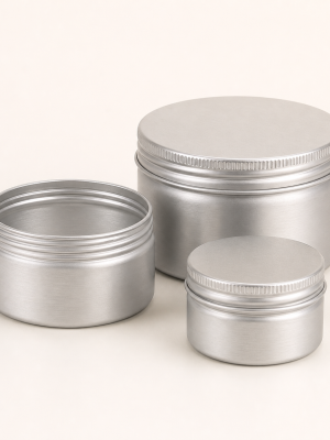Empty brushed aluminium cosmetic jars with matching screw caps
