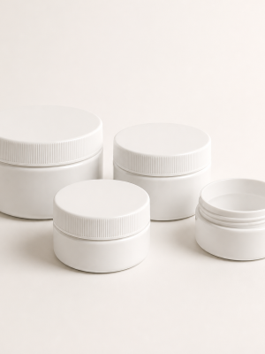 Empty white polypropylene cosmetic ointment jars with ribbed screw lids