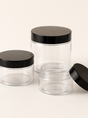 Clear lightweight PET cosmetic jars with black screw lids