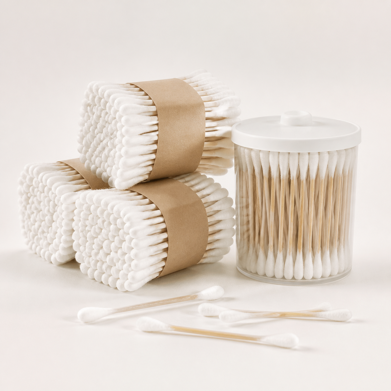 Plain white cotton earbuds in bundles and clear dispenser