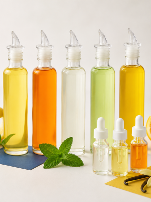 Assorted edible culinary flavour oils in clear bottles