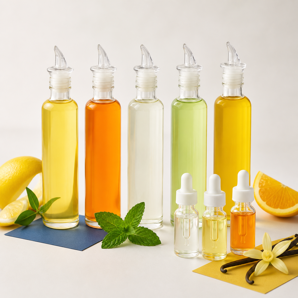Assorted edible culinary flavour oils in clear bottles