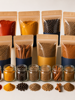 Assorted whole and ground culinary spices in refill pouches and jars