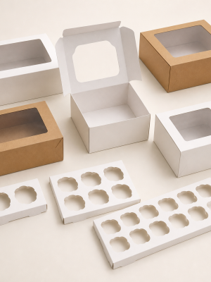 Windowed cupcake boxes with removable inserts for assorted quantities