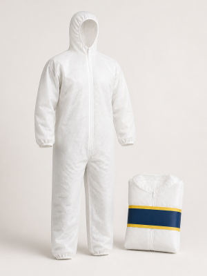 White hooded disposable protective coverall with elastic cuffs