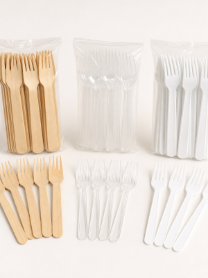 Disposable birchwood clear and white catering forks