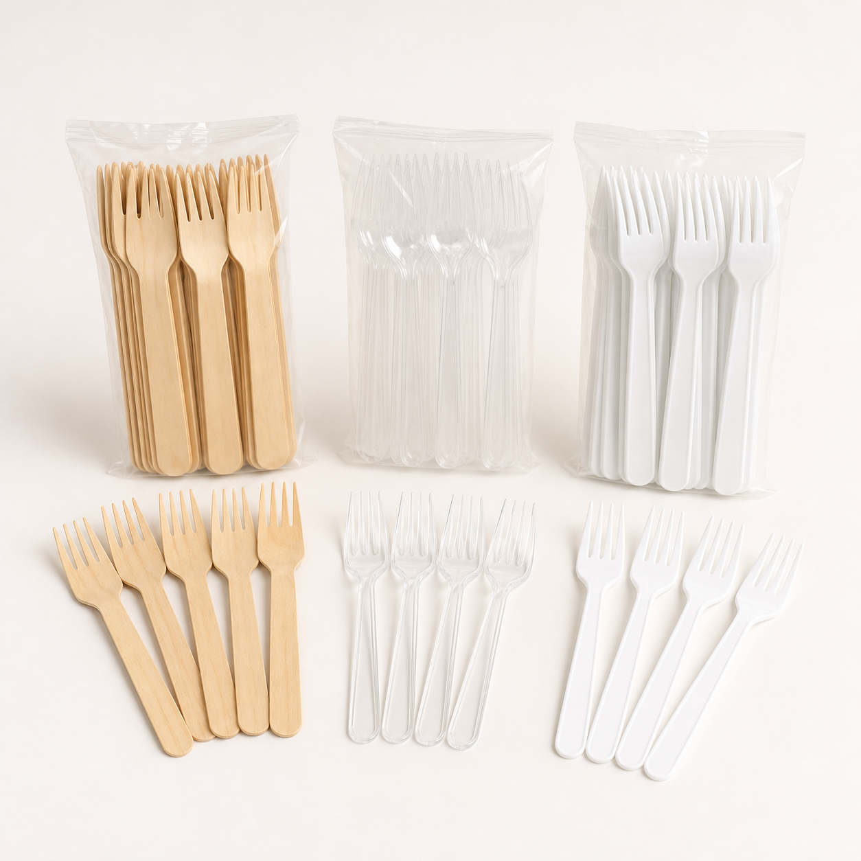 Disposable birchwood clear and white catering forks