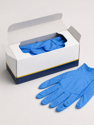 Blue disposable protective gloves with dispenser box