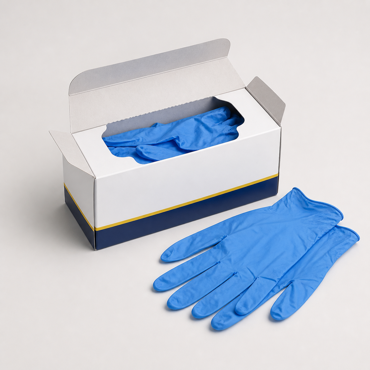 Blue disposable protective gloves with dispenser box