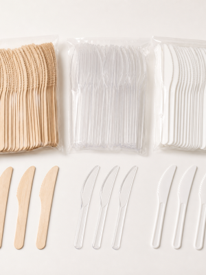 Disposable birchwood clear and white catering knives