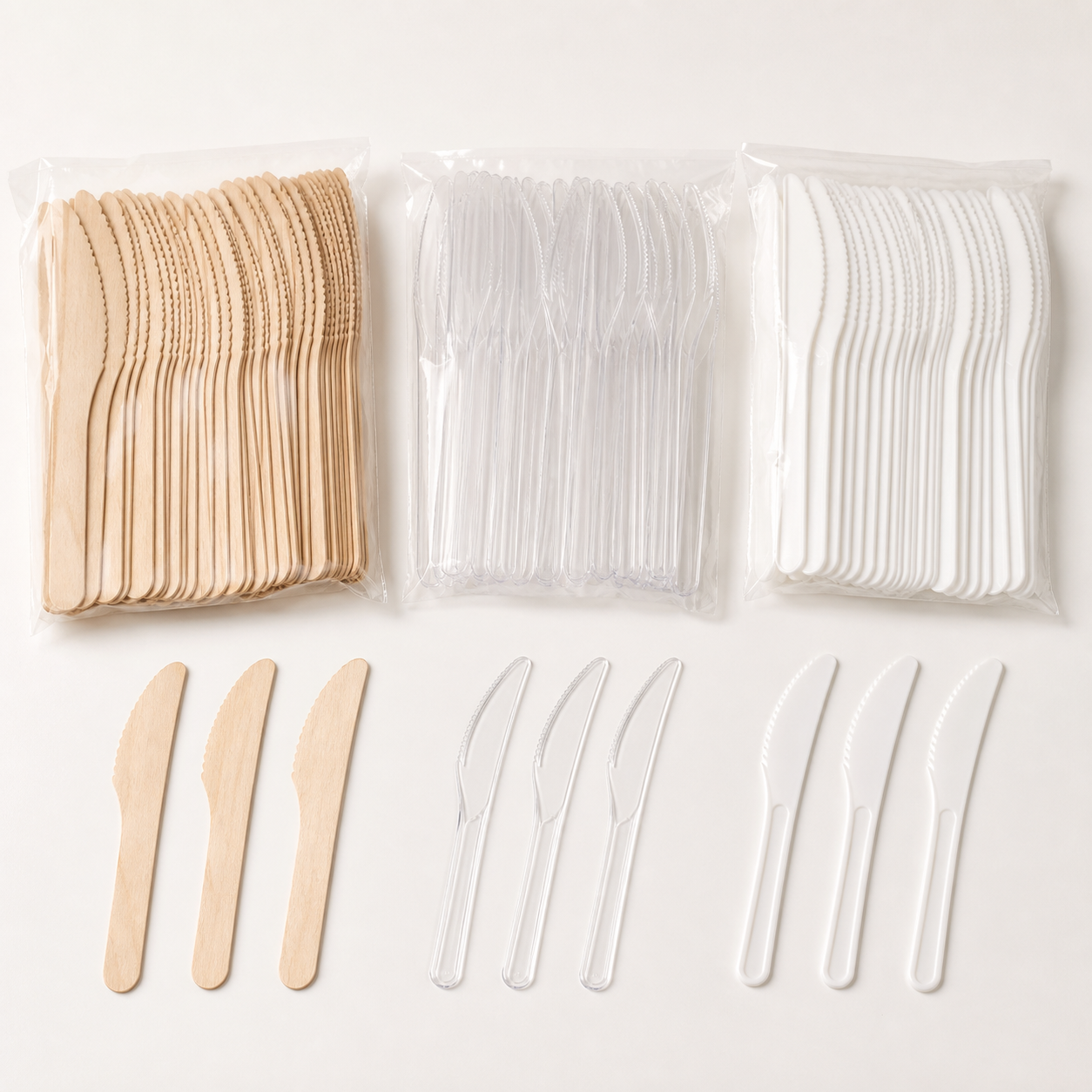 Disposable birchwood clear and white catering knives