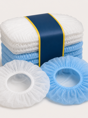 White and blue disposable pleated mob caps