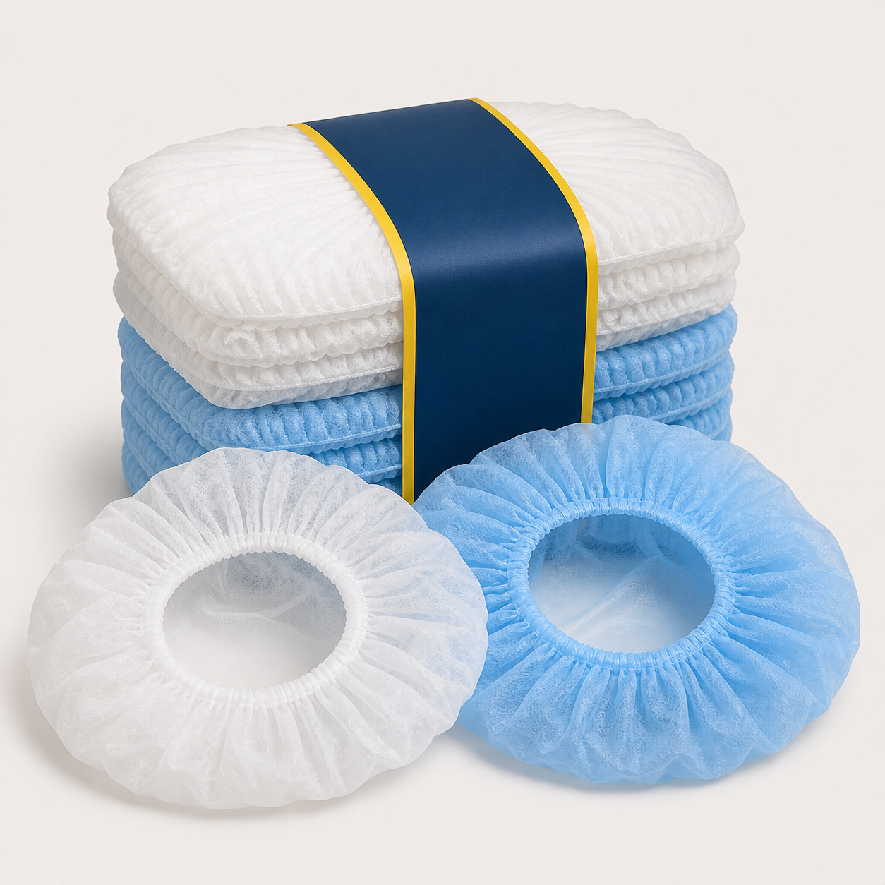 White and blue disposable pleated mob caps